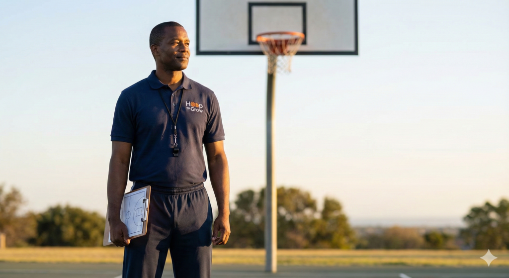 Basketball entrepreneur looking over a court, representing the successful growth of a basketball training business.