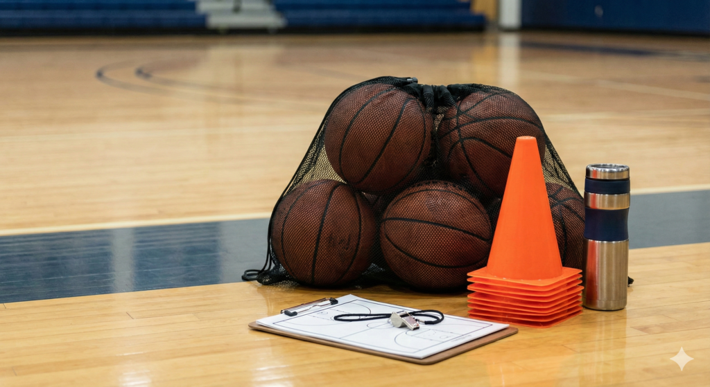Professional equipment setup including cones and basketballs for starting a basketball training business.