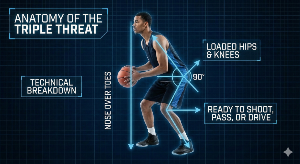 Anatomy of the tripple threat. Player in a perfect postion showing the mechanics of the tripple threat