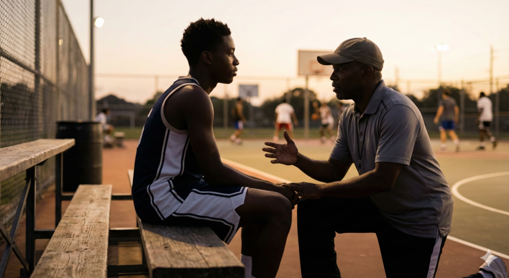 Parent mentoring young athlete on the bench, teaching basketball parent tips about resilience and character.