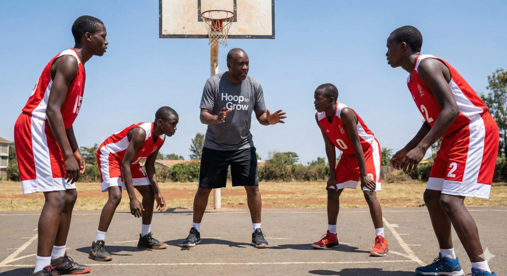 A coach showing his players basketball footwork drills for home