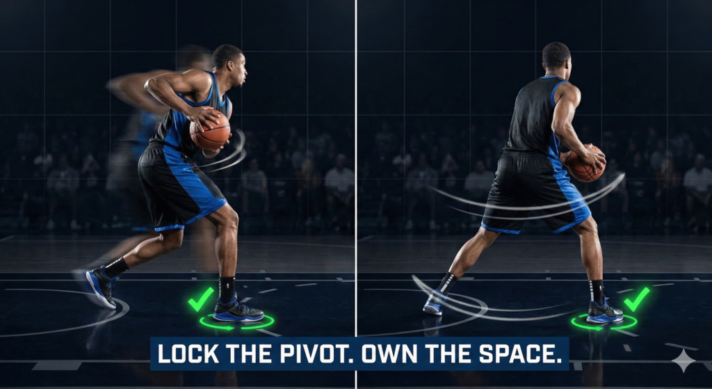 Left Side: A player executing a sharp, violent Forward Pivot (protecting the ball).

Right Side: The same player executing a smooth Reverse Pivot (creating space).