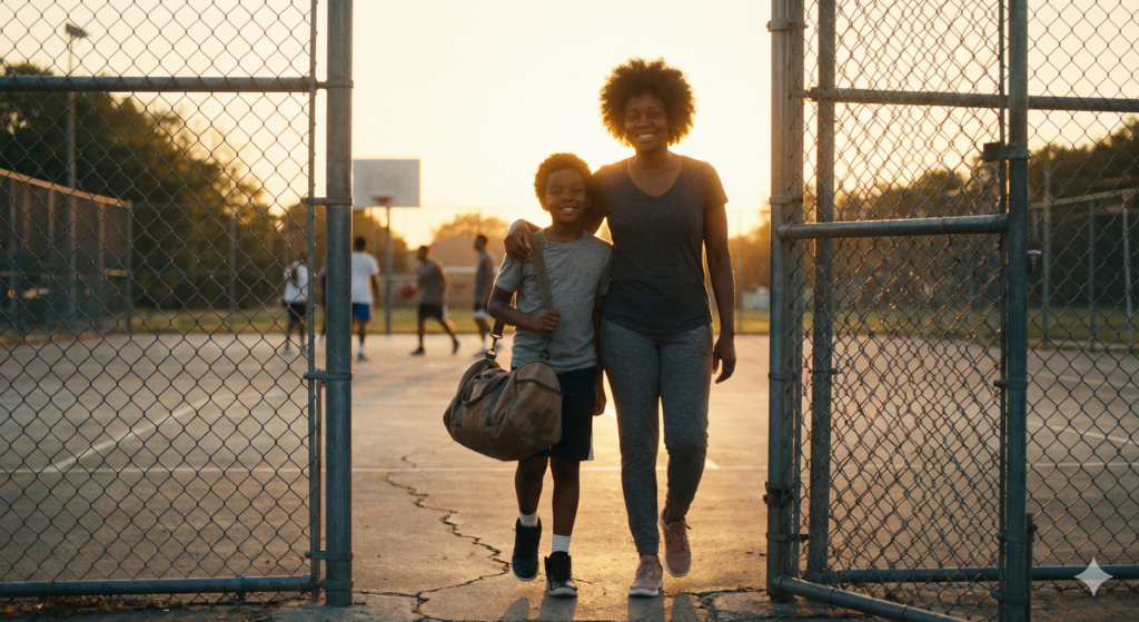 Parent and child leaving the basketball court together, symbolizing the long-term benefits of youth sports.