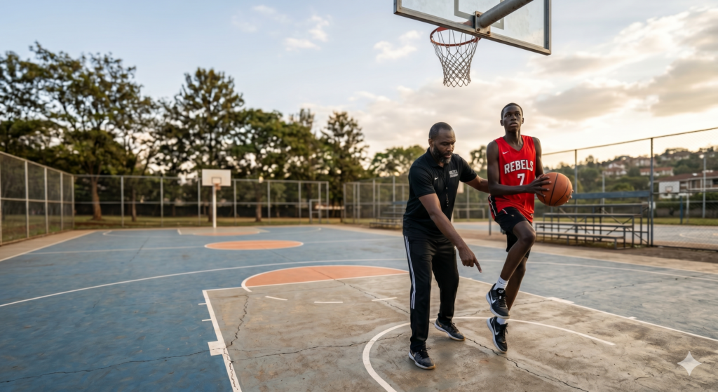 A private coach providing one on one basketball training to a high school player on an indoor court.